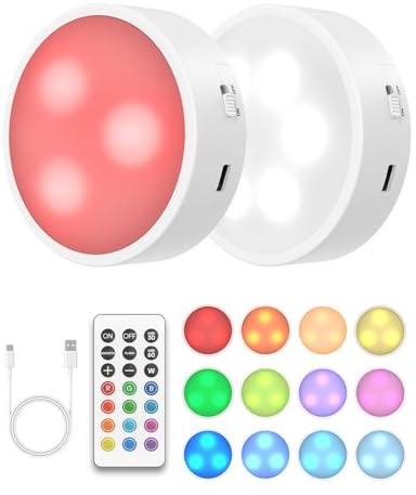 Goodea Rechargeable RGB Puck Lights with Remote，Under Cabinet Kitchen Lighting Battery Operated Push Light with Dimmer/Time for Wardrobe, Display, Closet, Shelf,Cupboard 2 Pack-Magnetic Install