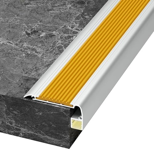 100 cm Aluminium Treppenkantenprofil mit LED-Profil, 58,5 mm x 24,3 mm Rutschfeste L-Form Stufen-Kantenprofil für Beton, Holz und andere Böden(Yellow)