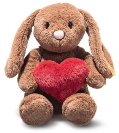 Steiff Hoppie Hase mit Herz 16cm braun, Plüschtier Hase mit Schlappohren, Soft Cuddly Friends, Flauschiges Stofftier zum Kuscheln und Spielen, Kuscheltier für Mädchen und Jungen, waschmaschinenfest