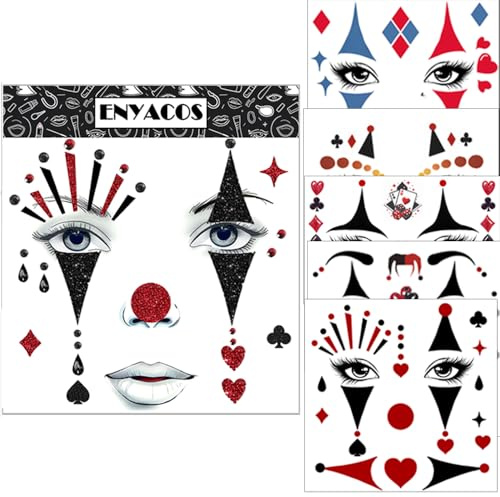ENYACOS Pantomime & Harlekin Set 7-teilig: 1x Großes Gesichtstattoo (Face Sticker) & 6x Tattoo Bögen – Clown Gesicht Aufkleber & Make-up Alternative für Karneval & Halloween Kostüm Damen