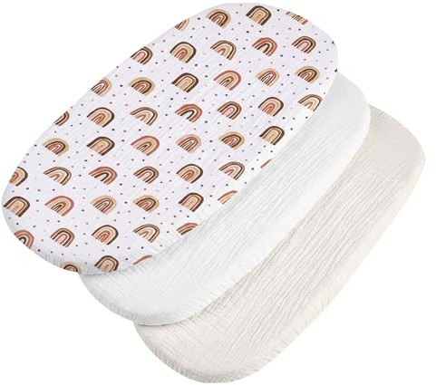 Medi Partners Sabanas Cuna Bebe 86x40 Sabana Bajera Capazo Set de 3 Funda Colchon Combiador para Carro - 100% Algodón Muselina Universal Minicuna Moises Sábanas Carrito(Arcoíris-Blanco-Beige)