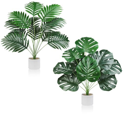 2 Pack Artificial Monstera Palm Plants Faux Tropical Potted Plants Indoor | Fake Tropical Palm Faux Potted Plant for Living Rooms, Bathrooms, Desks or Garden Patios