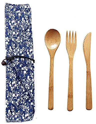 XUPHINX Bamboo Posate, Viaggi Posate, Eco-Friendly Servizio Posate, Coltello, forchetta e Cucchiaio, Posate in Legno Set, Camping Posate con Il Sacchetto