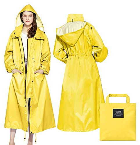 LAMA Stilvolle Lange Regenjacke Regenmantel Unisex Regenponcho mit wasserdichte Pattentasche Kapuze Tunnelzug Erwachsene Regenbekleidung Regencape Raincoat Regenschutzbekleidung für Damen, Gelb XL