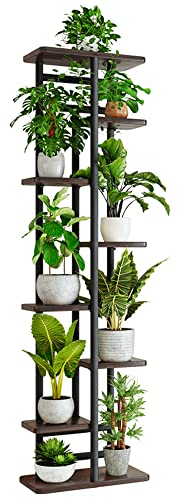 Soporte para Plantas de 8 Niveles para Interiores, Estantes para Macetas de Flores Altos y Bajos Madera y Metal, Soporte para Macetas de 9 Macetas para Balcón, Esquina(Negro, 8 Niveles y 9 Macetas )