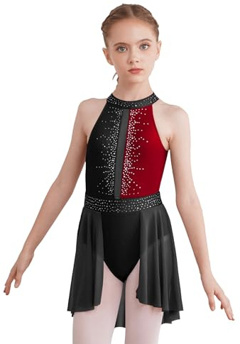 TiaoBug Mädchen Ballettkleid Asymmetrisches Kleid mit Neckholder Strass Ballettanzug Tanzkleid Latein Standards Ballett Trikot Jazz Kostüm Ballettkleidung Schwarz&Weinrot D 146-152