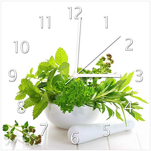 Wallario Design-Wanduhr Welt der Kräuter - Verschiedene Kräuter in einem weißen Mörser aus Glas, Motiv-Uhr Größe 30 x 30 cm, weiße Zeiger