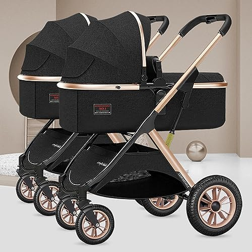 LEIYTFE Gemelos Cochecito Coche Bebe Plegable Cochecitos Gemelar Cochecito Tandem Doble Asiento Plegable Carritos De Viaje Paisaje Alto Reversible,Desmontable 2 Cochecitos Sencillos (Color : Nero)