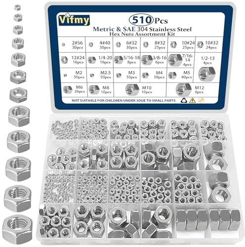 Vifmy 2 in 1 SAE & Metric Hex Nut Assortment Kit(510pcs),2#56 4#40 6#32 8#32 10#24 10#32 12#24 1/4-20 5/16-18 3/8-16 7/16-14 1/2-13 M2 M2.5 M3 M4 M5 M6 M8 M10 M12 304 Stainless Steel Nuts Set