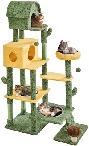 Yaheetech Kaktus Kratzbaum XXL deckenhoch, Oase-Thema Katzenbaum 104x48,5x174 cm, Stilvoller Kletterbaum für Mehreren Katzen, mit Katzenhäusern Raumkapseln Kratzstämmen, Grün-Gelb
