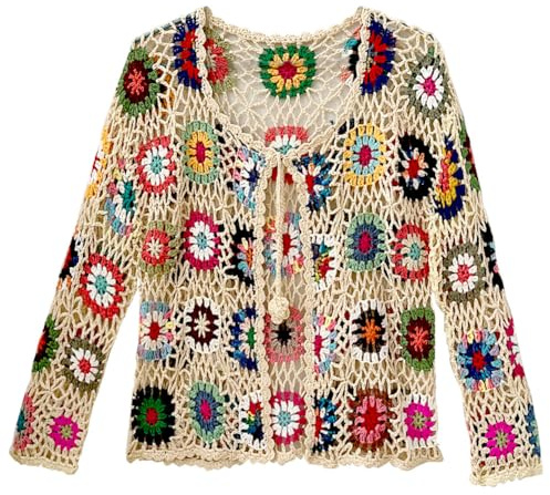 Cardigan Pull Crochet Motif Fleur Africaine Granny Square Boléro Tricoté Main Manches Longues Multicolore Ouverture Devant, beige, Taille Unique