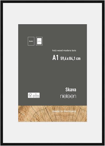 nielsen Holz Bilderrahmen Skava, 59,4 x 84,1 cm (A1), Schwarz | Holz Posterrahmen mit Passepartout im Hoch- & Querformat zum Aufhängen Schwarz matt Echtglas