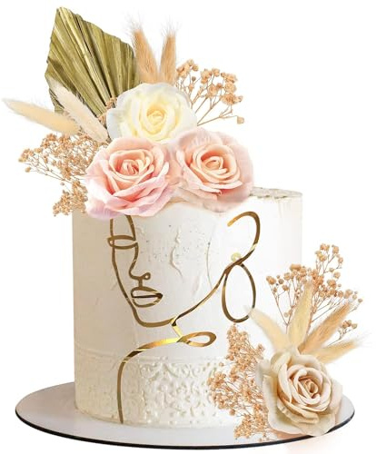 Morofme 21pcs Boho Cake Decoration Acrylic Minimalist Art Lady Gold Face Cake Topper Vintage Artificial Rose Flower Leaves Décor for Bohemian Birthday Wedding Bridal Baby Shower