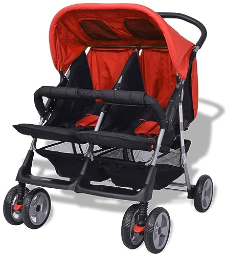 Passeggino gemellare, pieghevole, fino a 30 kg (2 x 15 kg), per gemelli e fratelli di 0 mesi, passeggino per bambini e bambini, in acciaio, rosso e nero