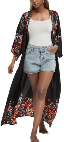 Women's Summer Boho Loose Bikini Swimwear Cover Up Long Kimono Flowy Cardigan Swimsuit Beachwear