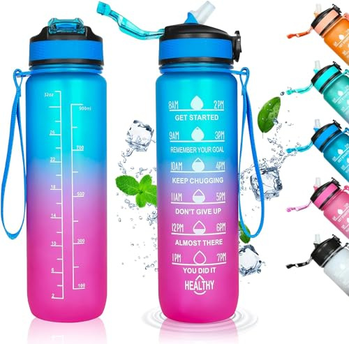 Avyli Borraccia sportiva, 1 l, senza BPA, a prova di perdite, in plastica Tritan, con indicatore del tempo e cannuccia, per palestra, attività all'aperto, corsa, ciclismo, escursionismo (blu viola)