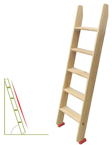 An der Wand montierte Leiter, 60 Zoll, 150 cm, rutschfeste Bettleiter aus Holz, Trittleiter aus Holz für Hochbetten/Wohnheimbetten mit 5 Breiten Trittflächen, Sicherheitsgeländerleiter für E
