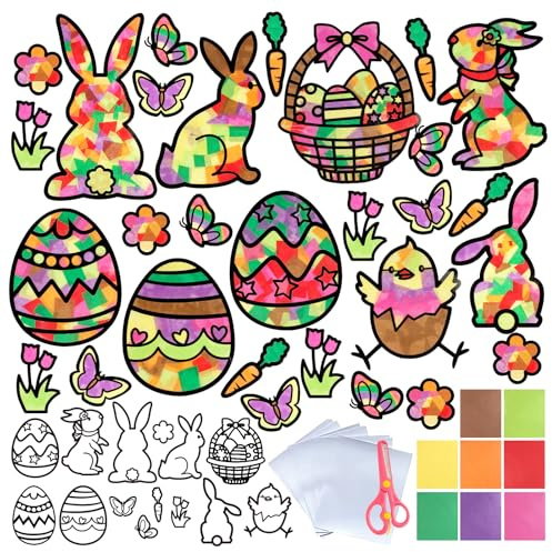 BOOMTOP 29 Stück Fensterbilder Basteln Ostern Kinder Ostereier Bastelset Osterhasen Blumen Bunte Fensteraufkleber Osterküken zum Basteln Frohe Ostern Fenster Dekoration mit Buntglas-Effekt