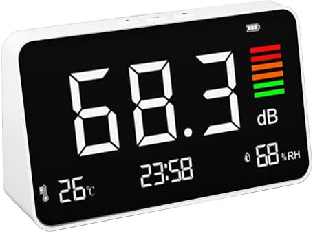 Dezibelmessgerät mit LCD-Display, Schallpegelmonitor 30–130 DBA, Temperatur- und Luftfeuchtigkeitserkennung, Echtzeitüberwachung mit Wiederaufladbarem für Heimbüro, Schule,