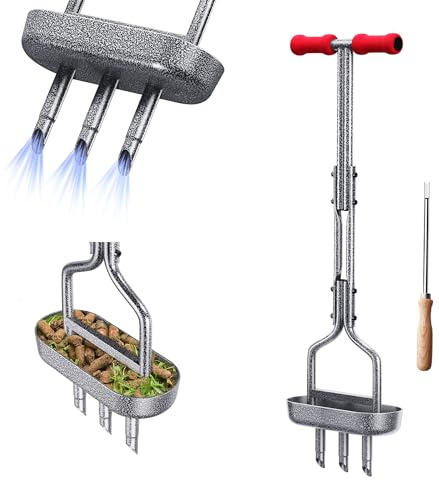SUNEOWALY Rasenlüfter, Manuell Aerifizierer für Rasen Hohlspoon mit Ovalem Rahmentablett, T-Griff Rasenspecht Heavy Duty Handvertikutierer Belüften für Rasen oder Hof, Roter Griff