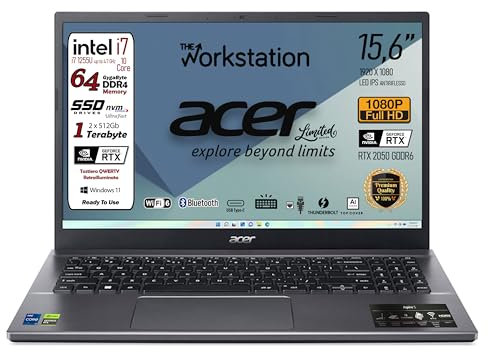 acer Notebook Intel Core i7-1255U, 10Core, Ram 64Gb, Svga Geforce RTX2050 dedicata, SSD Pcie 1Tb (512Gbx2), Display 15,6 FHD IPS, Tastiera retroilluminata, thunderbolt, Win 11, preconfigurato