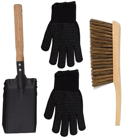 Fireplace Shovel Brush Set, Coal Hearth Tools with Black Silicone Gloves Long Handle Wood and Carbon Steel Kit for Home