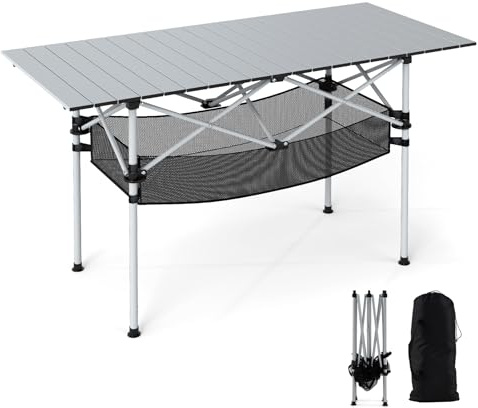 TANGZON Aluminum Folding Camping Table, Portable Picnic Table with Roll Up Tabletop & Carry Bag, 4-6 People Outdoor Dining Table for Garden Beach Hiking BBQ Parties (with Mesh Basket, Silver)