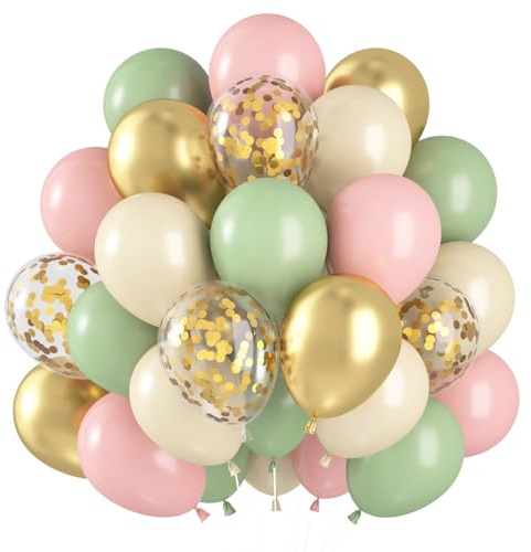 Luftballons Rosa Grün Gold, 60 Stück Luftballons Salbeigrün Rosa, Konfetti Luftballon Grüne Rosas Set, Sage Grüne Rosas Weiß Metallic Gold Ballons für Geburtstag Babyparty Hochzeit JGA Deko