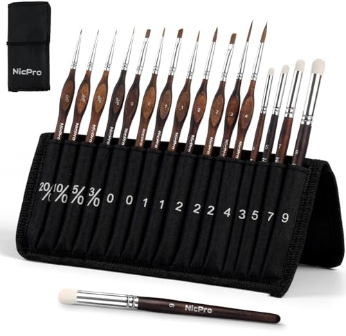 Nicpro 16-teiliges Kolinsky Sable Modellbau Pinsel Drybrush, professionelles Feine Pinsel Set mit Stoffrolle, Künstlerpinsel-Set für feine Details für Miniaturen, Acryl und Figuren, Modelle, Aquarell