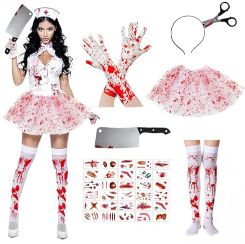 AEYAKA Women's Zombie Nurse Costume - Bloody Tutu Skirt Stockings Gloves Headband Scissors Machete & Tattoos - Horror Halloween Costume for Adult Cosplay Party
