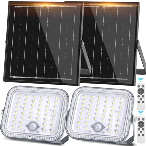 Aigostar Foco LED solar exterior con gran panel solar，2 piezas，Súper Luminoso，4000mAH，Batería gran capacidad，Impermeable IP66 Luz Solar ，lampara solar con detección de movimiento para jardín，6500K