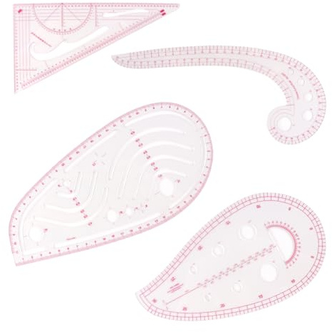 Orivin Set di 4 righelli da sarto, strumenti per cucire, righelli triangolari trasparenti e flessibili con scale integrate per la creazione di modelli sartoriali.