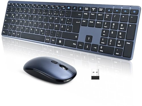INFINMIND Tastatur Maus Set Kabellos, Deutsches QWERTZ Layout Funktastatur mit Maus, 19 Multimedia Shortcut-Tasten mit leiser, 2,4-GHz-USB-Flachen Tastatur für Laptops, Smart-TVs, MAC und Windows