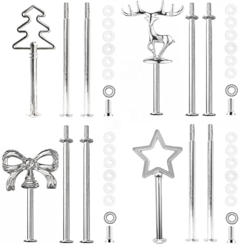 BetterJonny 4 Set Etageren Stangen, Etagere Bausatz Metallstangen Etagerenhalter Mittellochausstech 2 bis 3 Etage für Hochzeitstorte Tortenhalter Torten Etagere Tortenständer Silber Weihnachten