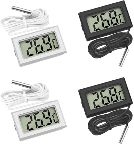 Termómetro digital con sonda externa para refrigerador, congelador, refrigerador, acuario, monitor de temperatura portátil, resistente a la humedad, pantalla LCD transparente, (2 blancos y 2 negros)