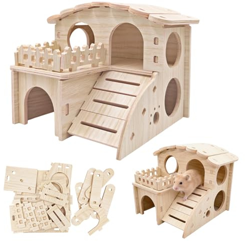 Youery Casetta per Criceti,casetta criceto legno,Casetta in Legno per Criceti a 2 Piani, Rifugio Smontabile per Piccoli Animali Criceti Nano, Gerbil, Porcellini d'India (14 x 13 x 12,5 cm)