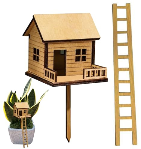 Mini Wooden Treehouse with Ladder, 7.5x6.5x6cm Miniature Houses Fairy Garden Decor, Tiny Plant Pot House Ornament for Houseplants, Desk & Terrarium, Easy to Assemble Miniature Dollhouse Kit