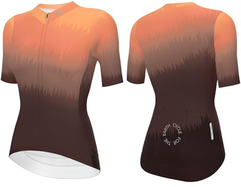 Wulibike Damen Fahrradtrikot Kurzarm–Leichtes Atmungsaktives Rennradtrikot mit Farbverlauf Design,Schnelltrocknend,3 Rückentaschen Radtrikot für Rennrad,MTB & Freizeit Sunset M