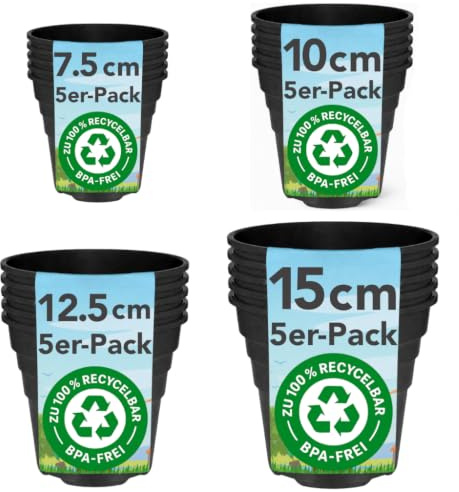 20 Pack Plastic Plant Pots Mixed Sizes - Made in UK - 7.5cm 10cm 12.5cm 15cm - Nursery Pots - Recyclable - With Drainage Holes - BPA Free - Black