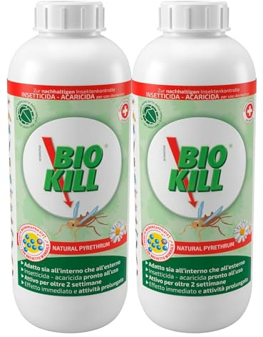 Bio Kill Insetticida Formiche da Piretro Naturale Cimici Acari 2 da 1L | Pronto all'Uso per Esterni e Interni contro Tarli Termiti Tafani Mosche Pulci Zecche