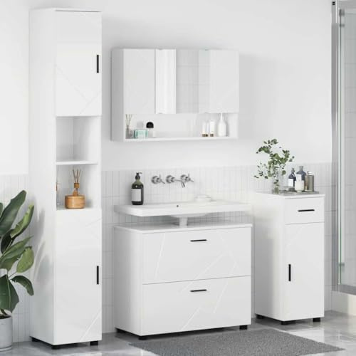 LoogCape Bathroom Furniture Set in High Gloss White, Made of Plywood and Metal, Washbasin with Mirror Cabinet, Tall Cabinet and Base Cabinet, 4 Pieces for Indoor Use, Storage Space and Order
