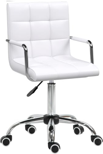 HOMCOM Homeoffice Stuhl Höhenverstellbar Drehstuhl bis 120kg Weiß | Schreibtischstuhl aus Kunstleder, Schminkstuhl, Bürostuhl, für Arbeitszimmer, Schlafzimmer