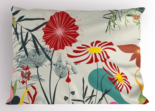 Ambesonne Floral Pillow Sham, Dandelions Garden Beauty with Vivid Full of Various Wild Flower Bloom Modern Graphic, Decorative Standard Size Printed Pillowcase, 26 X 20, Red Ivory