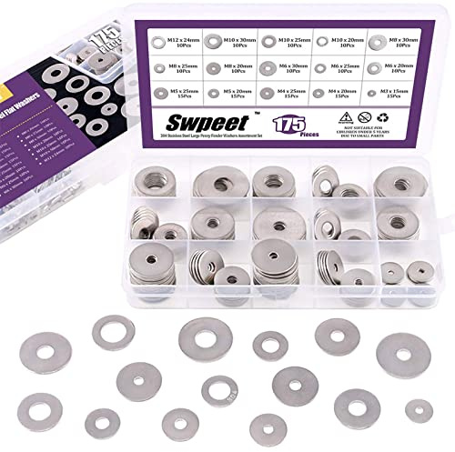 Swpeet 175 pcs 15 Tailles L Penny en acier inoxydable 304 Rondelle plate Assortiment de Lot, y compris 7 différents types pour la maison, automobiles et Shop Utilisation Tailles