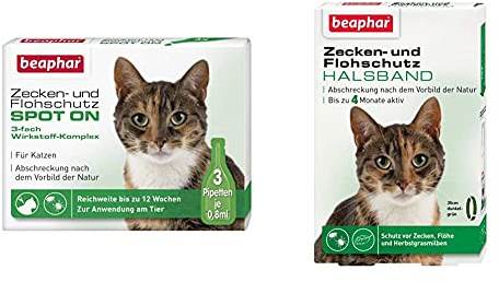 beaphar Zecken- und Flohschutz Spot On für Katzen, Zecken- und Flohschutz mit Margosa Extrakt, 3 x 0,8 ml & Flohschutz Halsband Katze | Schutz vor Zecken Flöhen | Grün |35cm