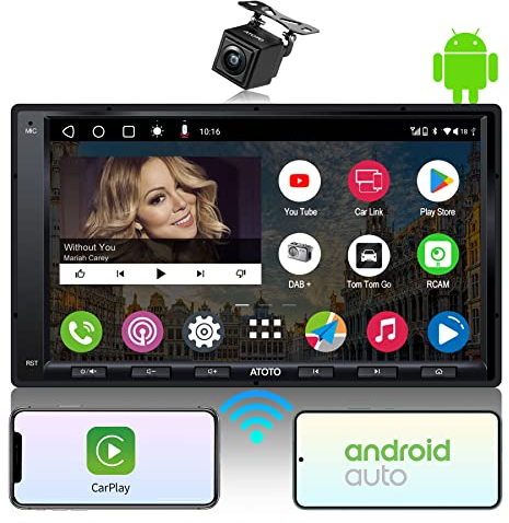 ATOTO A6PF 7-Zoll Android Doppel-DIN Autoradio, DAB+ Radio, kabellos CarPlay und Android Auto, Dual BT, WiFi/BT/USB-Tethering-Internet, 2G+32GB, HD-LRV-Eingang mit Rückfahrkamera, A6G2A7PF-S01