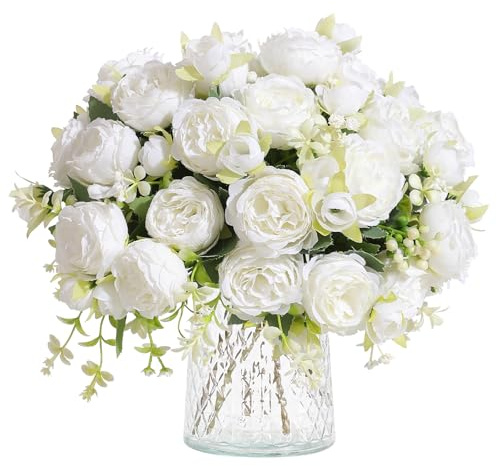 Hobyhoon 4 buketter med pioner, konstgjorda blommor för dekoration, falska rosor i silke, fuskbukett som känns äkta, konstgjorda för vas, bröllop, heminredning (vit)