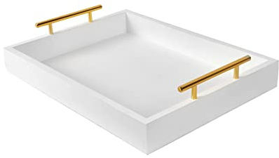 Bandejas de Servir de 40 x 30 x 5 centímetros con Asas, Bandeja Decorativa Blanca, bandejas otomanas para Desayuno, café, Sala de Estar, baño, Cocina y Aire Libre (Blanco)