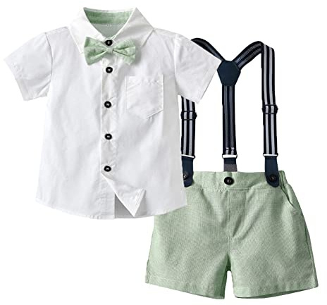 Baby Jungen Festlich Anzug Set Kleinkinder Gentleman Outfit Taufanzug Kinder Sommer Kurzarm Hemd mit Fliege + Hosentr�ger + Shorts 4tlg Bekleidung f�r Hochzeit Geburtstag Party Taufe Gr�n 2-3 Jahre