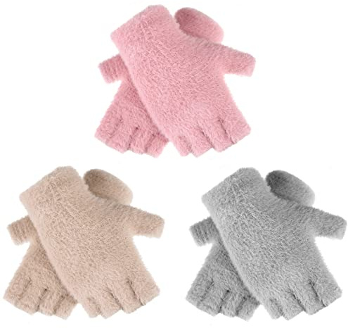 Geyoga 3 Pares Guantes sin Dedos de Piel Sintética de Visón de Mujer Guantes de Punto Invierno de Uso Teclado Manopla de Clima Frío
